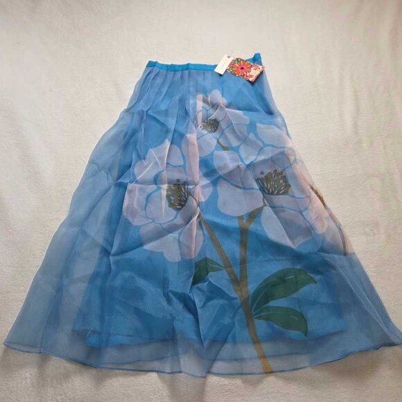 New M Farm Rio x Anthropologie Floral organza midi skirt in Blue Peony - Picture 4 of 9